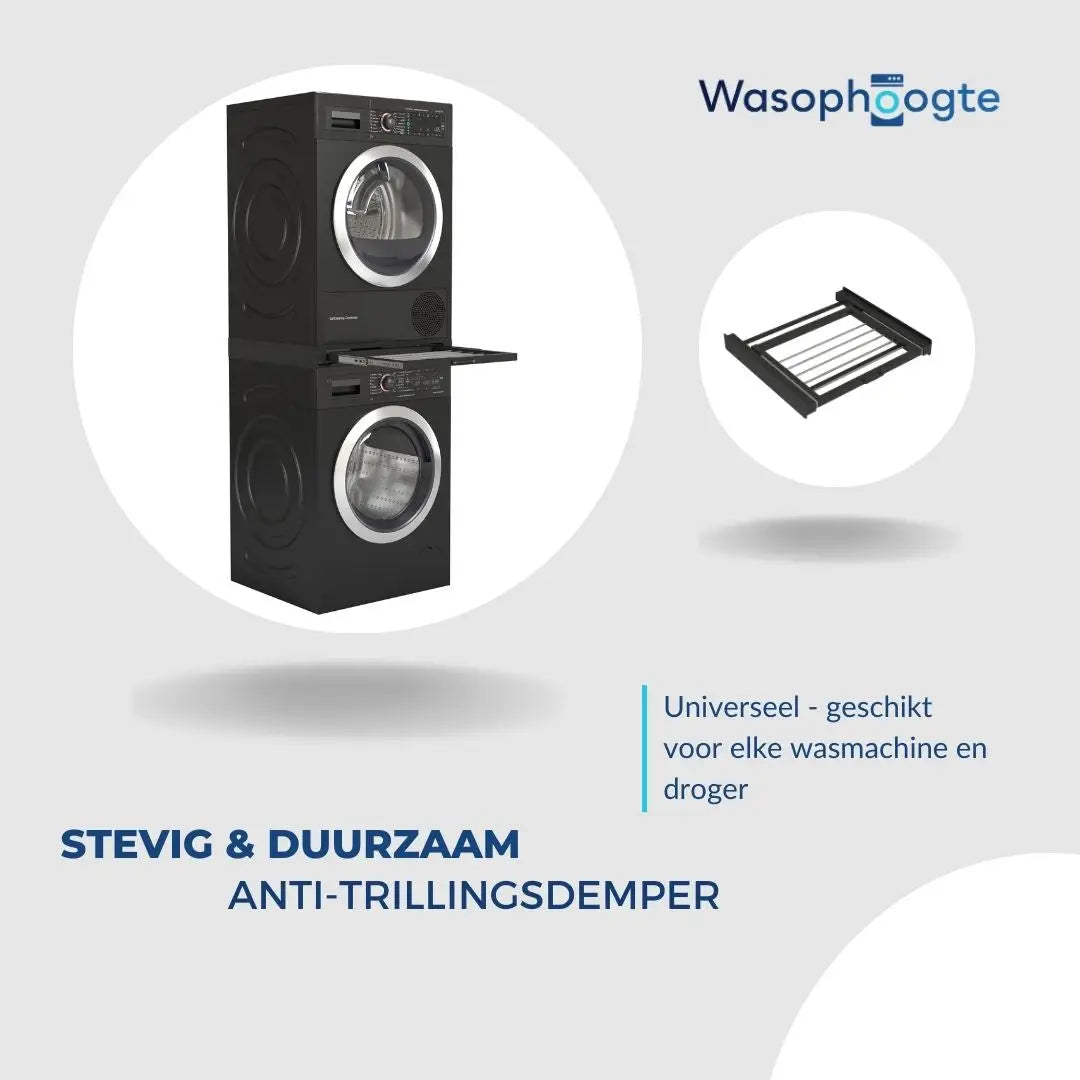Wasophoogte® Tussenstuk met Droogrek Zwart - Wasmachine en droger op elkaar