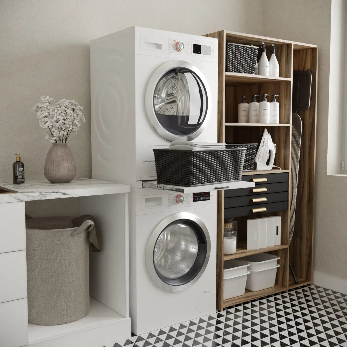 Wasophoogte® Tussenstuk Wasmachine Droger met uitschuifbaar plateau
