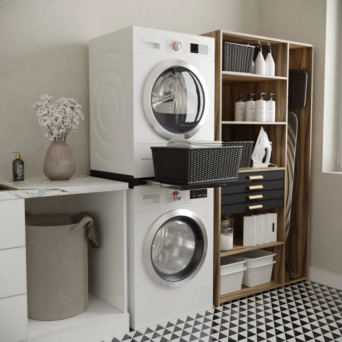 Wasophoogte® Tussenstuk Wasmachine & Droger met uitschuifbaar plateau Zwart