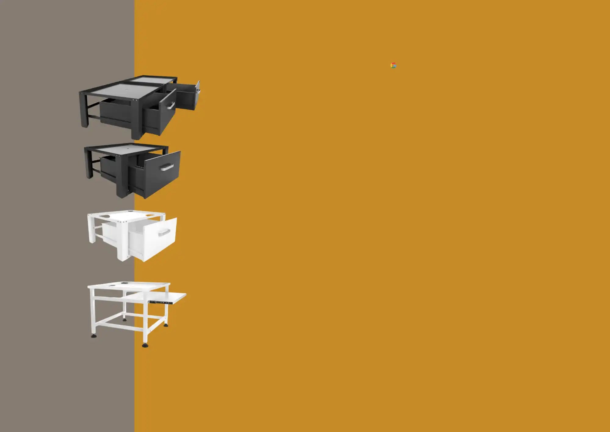 Vier variaties van een mobiele opbergtrolley met lades, twee in donkergrijs en twee in wit.