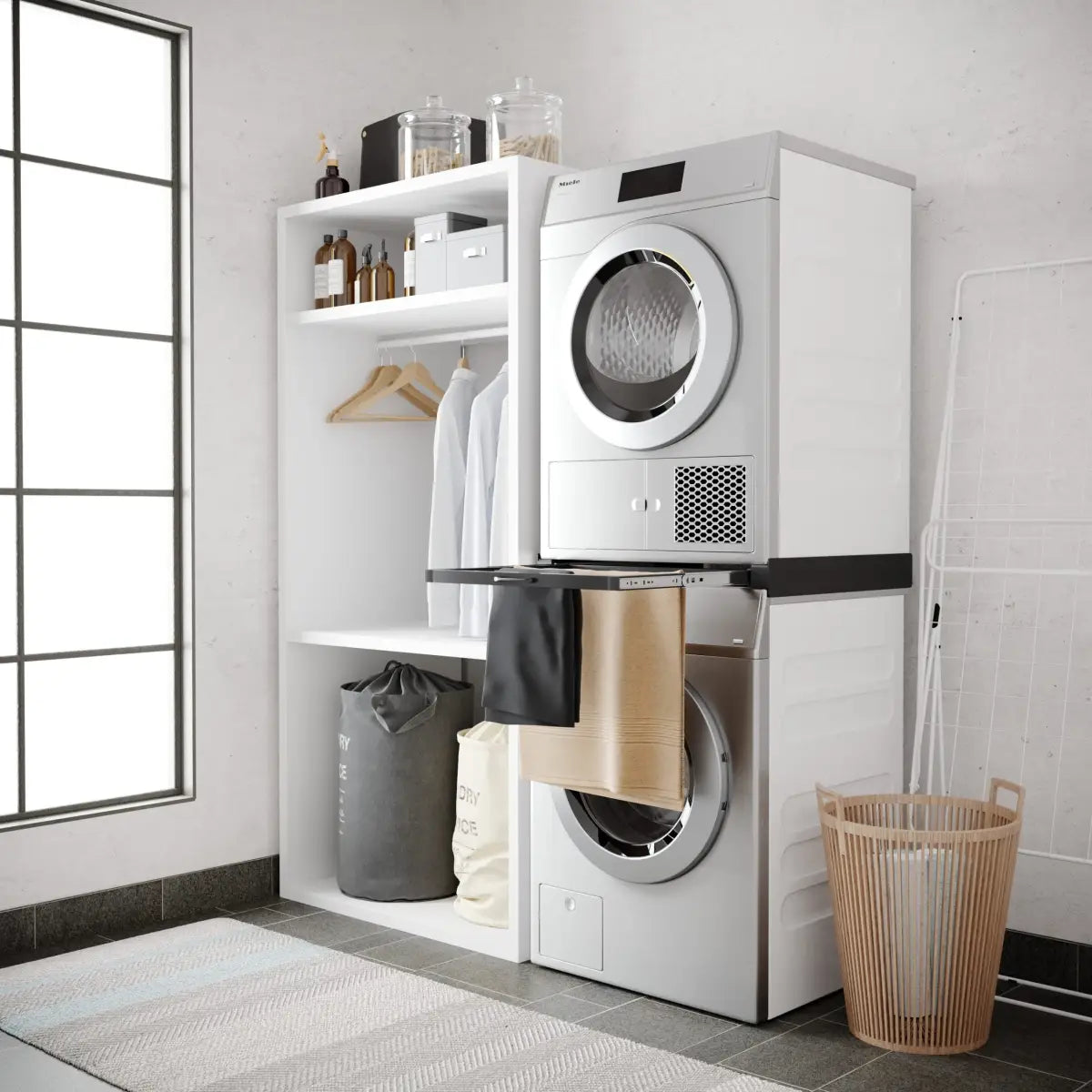 Wasophoogte® Tussenstuk met Droogrek Zwart - Wasmachine en droger op elkaar