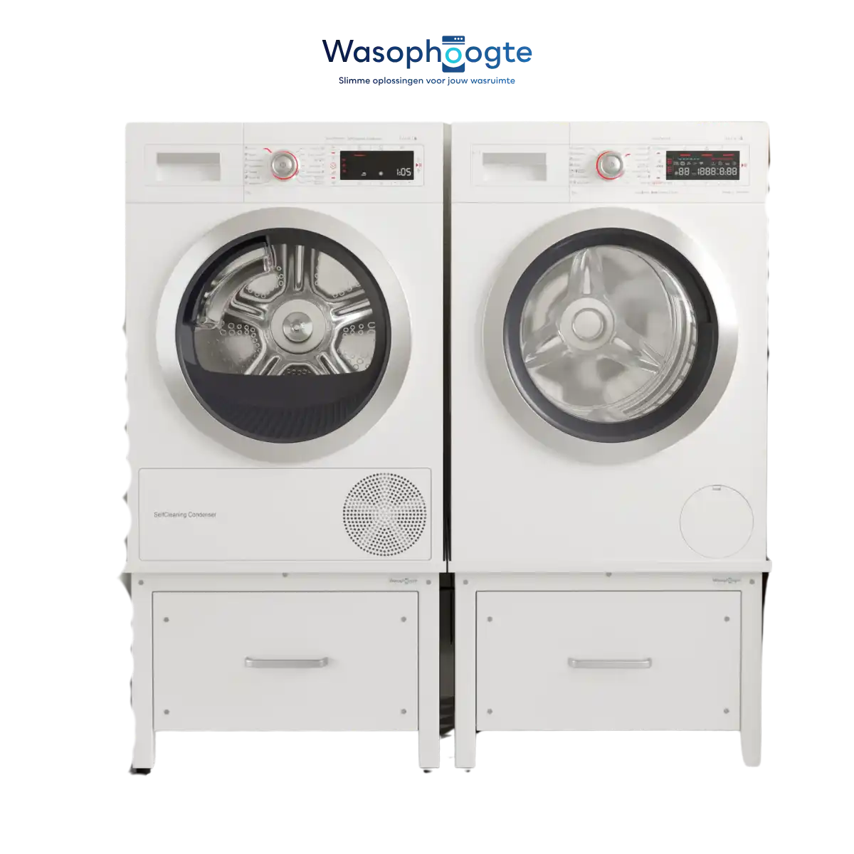 Witte wasmachine en droger set met ladekasten.